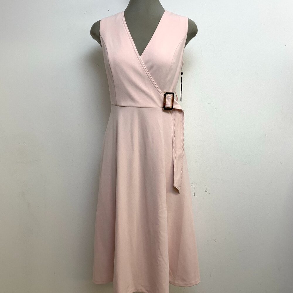 New! Calvin Klein PETAL Surplice Faux Wrap V-Neck Side Buckle A-Line Dress